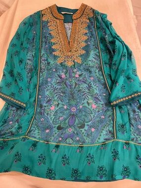 Soft Surroundings Teal Tunic with Gold Beaded Trim